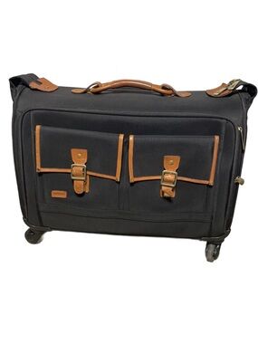 Hartmann Black Rolling Garment Bag w/Tan Leather Trim & Gold Satin Interior